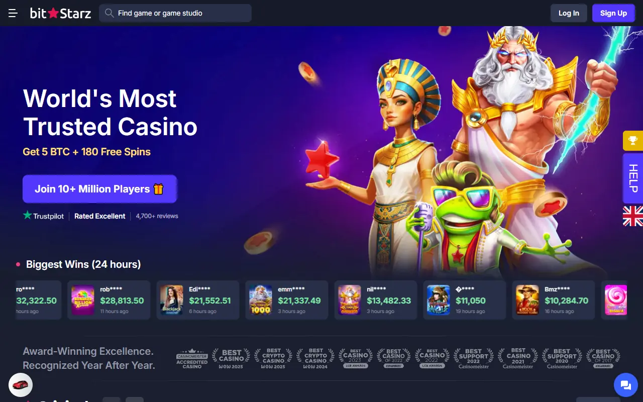 BitStarz Casino lobby, first screen