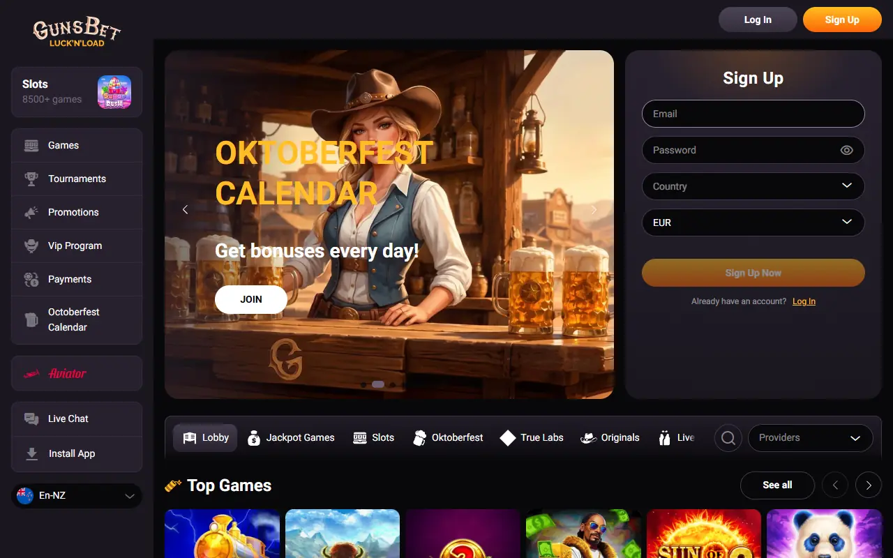 Gunsbet Casino lobby, first screen