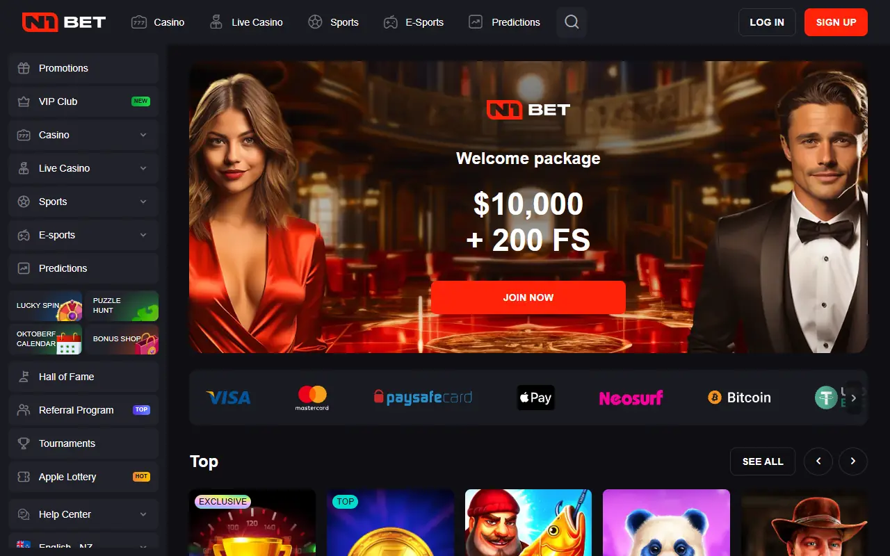 N1Bet Casino lobby, first screen