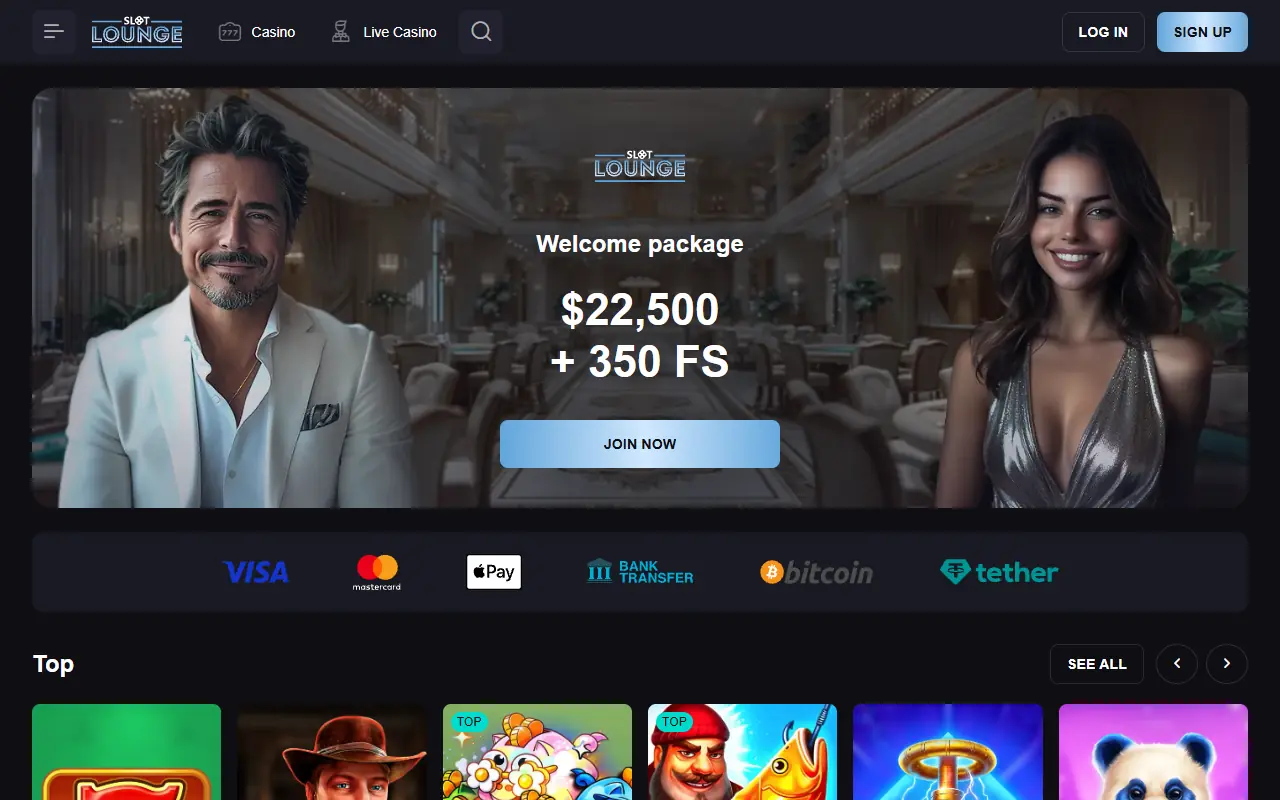 SlotLounge Casino lobby, first screen