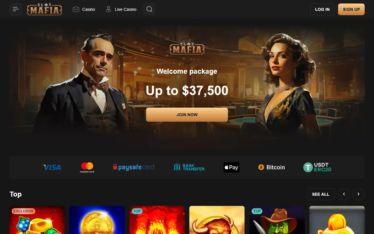 SlotsMafia Casino lobby, first screen
