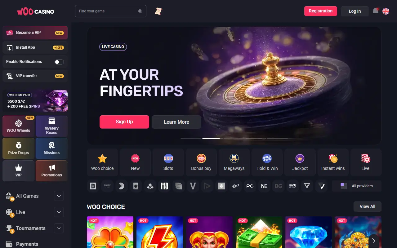 Woocasino lobby, first screen