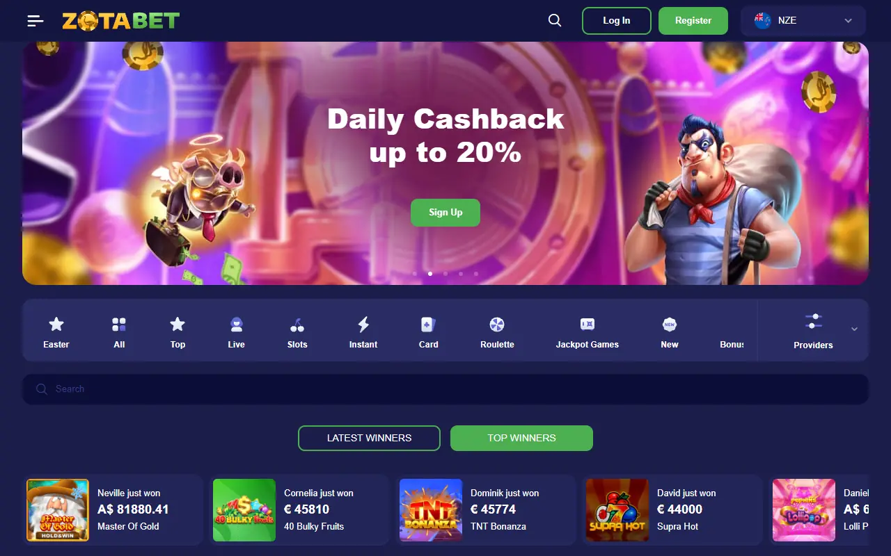 Zotabet Casino lobby, first screen