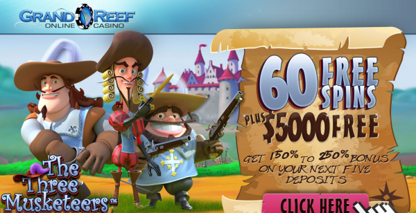 Exclusive Free Spins on New Three Musketeers Pokie at Grand Reef