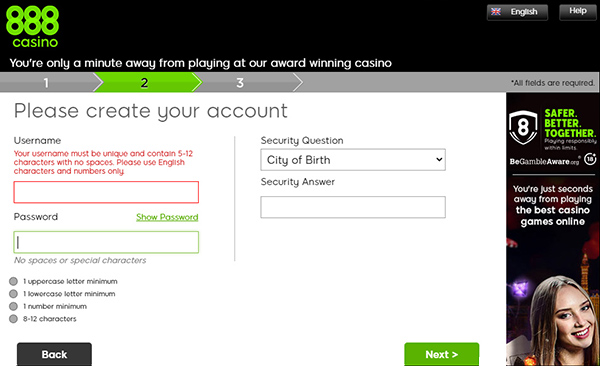888 Casino Register Step 2