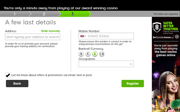 888 Casino Register Step 3