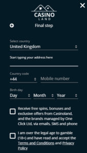 CasinoLand Register Step 2